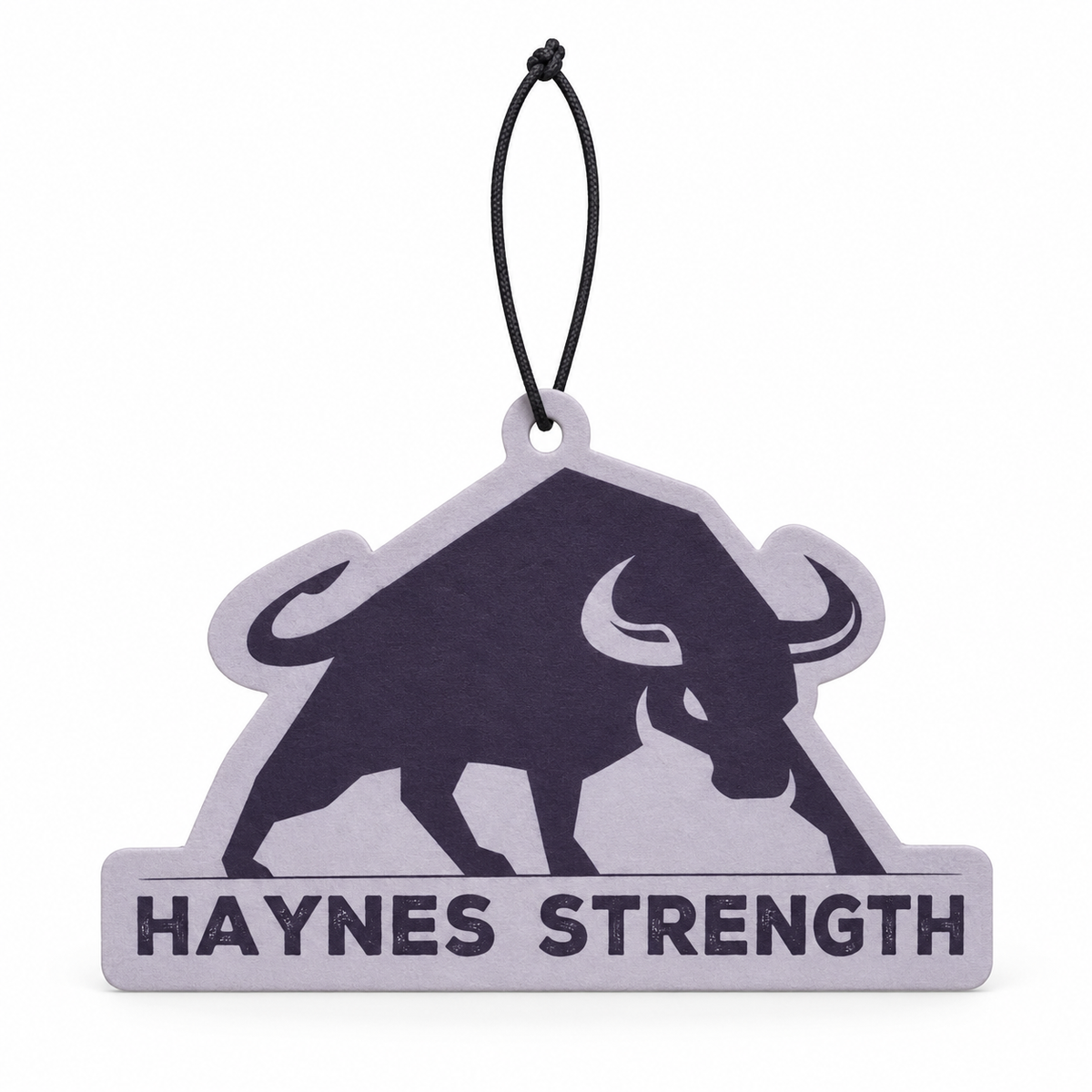 Haynes Strength bull-shaped Black Ice car air freshener with hanging cord on a white background