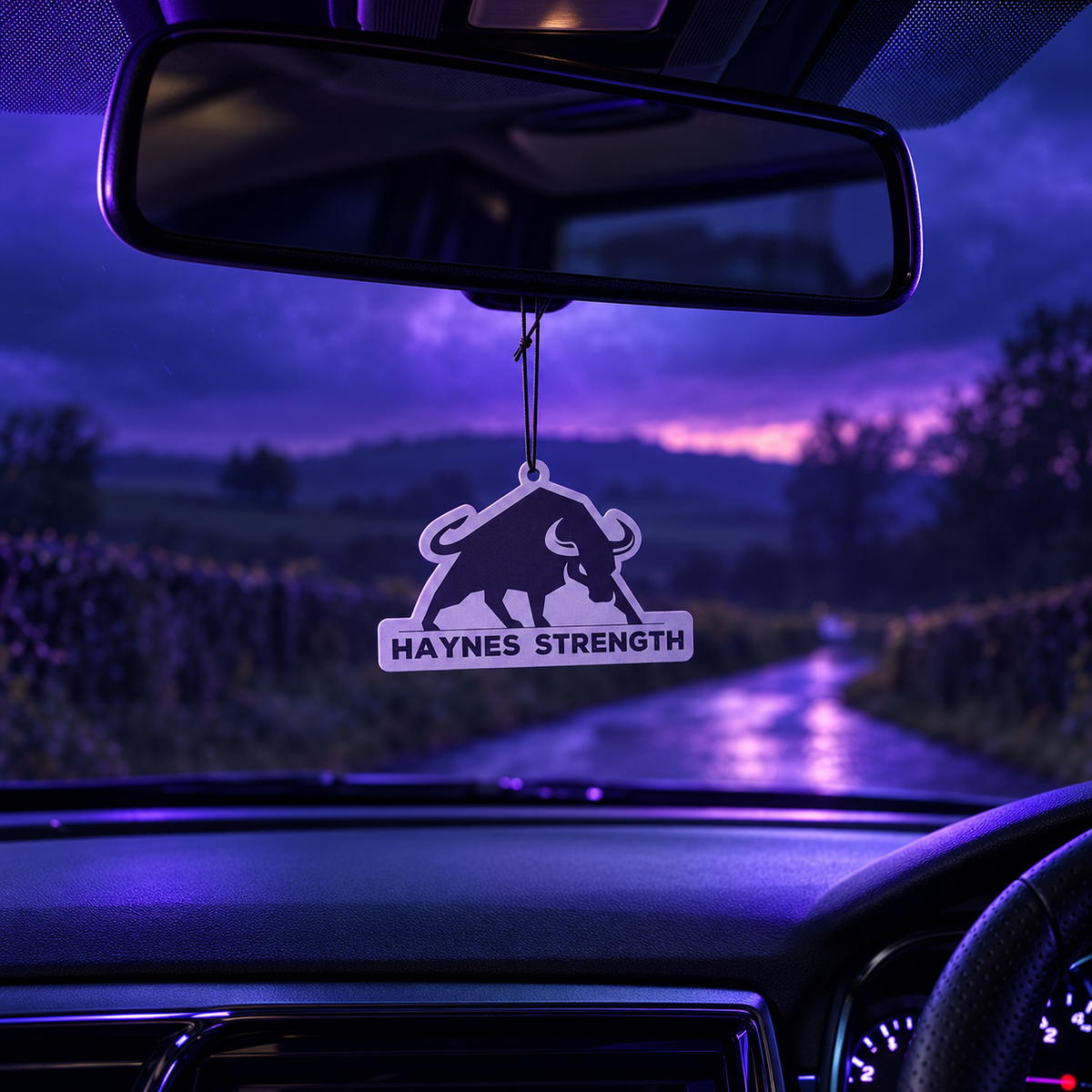 Close-up of Haynes Strength car air freshener hanging from a rear-view mirror with purple dusk visible through the windscreen